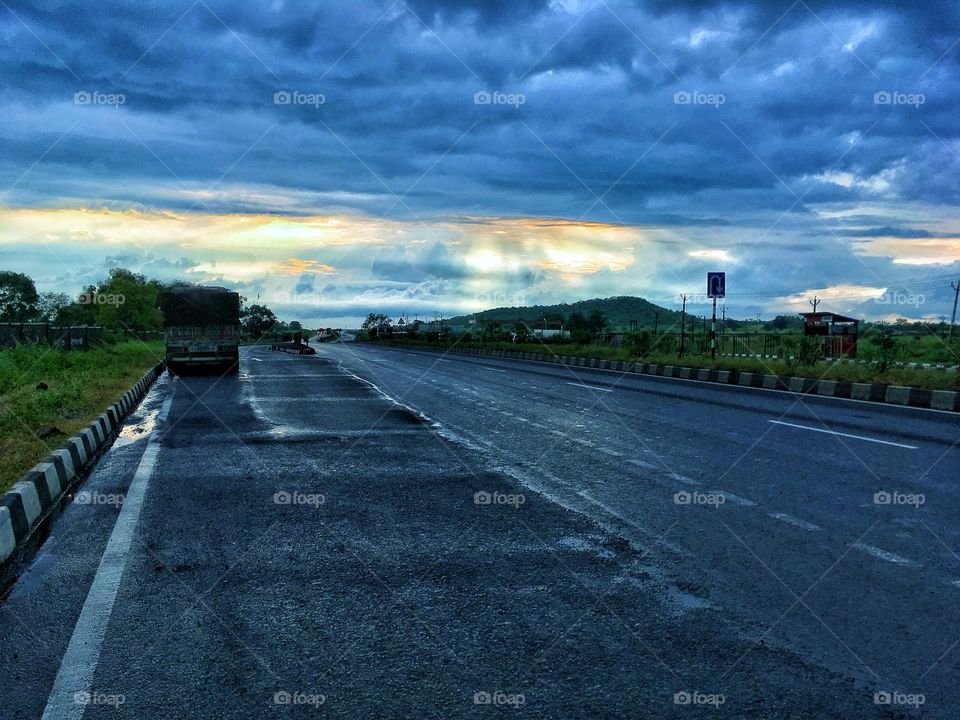 Highway on rainy day.