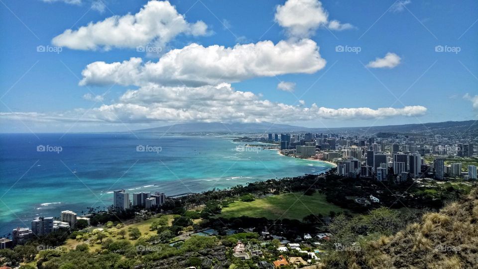 Overlooking, Summit of diamond head crater, Honolulu Hawaii.