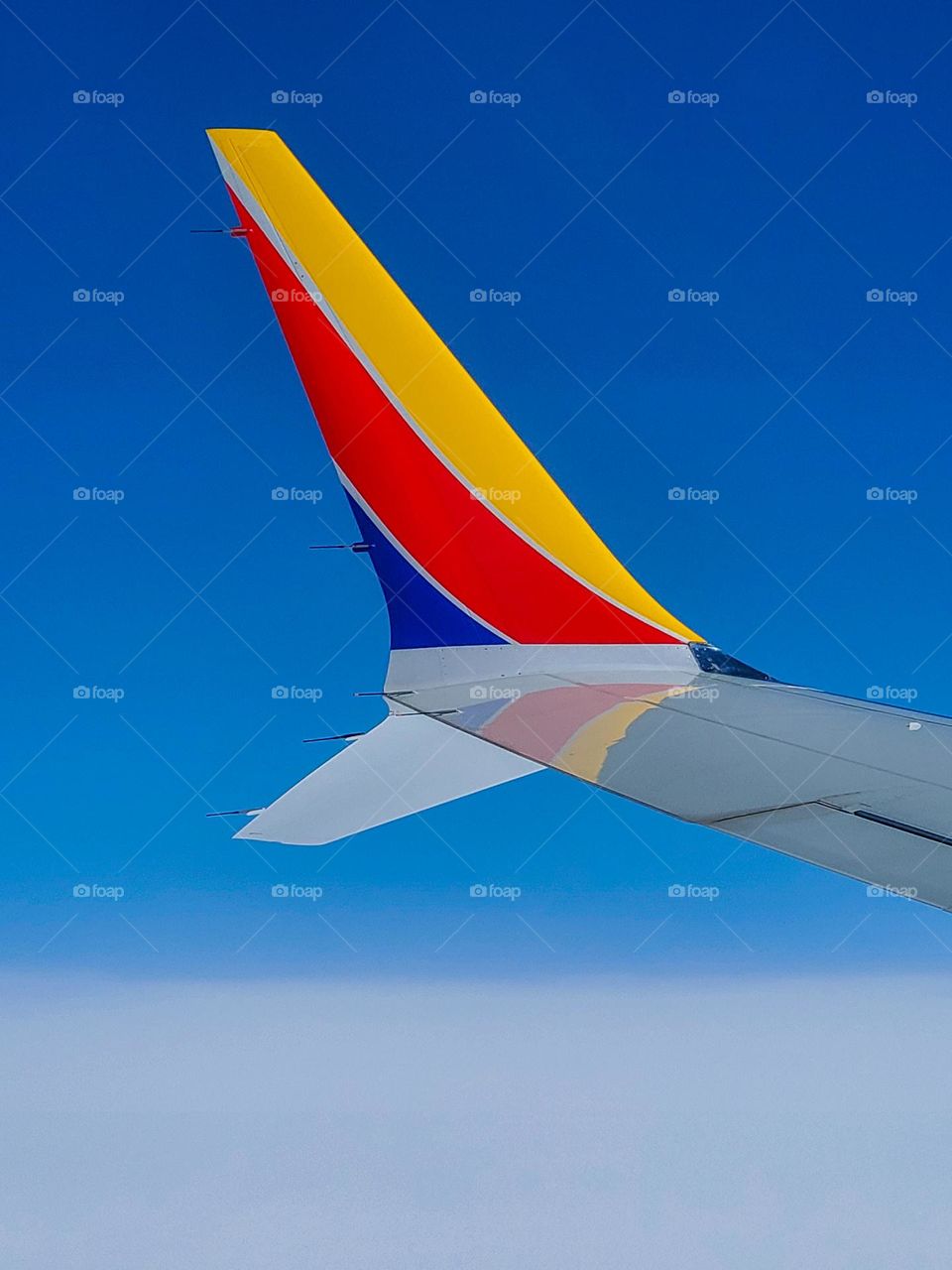 A winglets bright colors are reflected on the wing