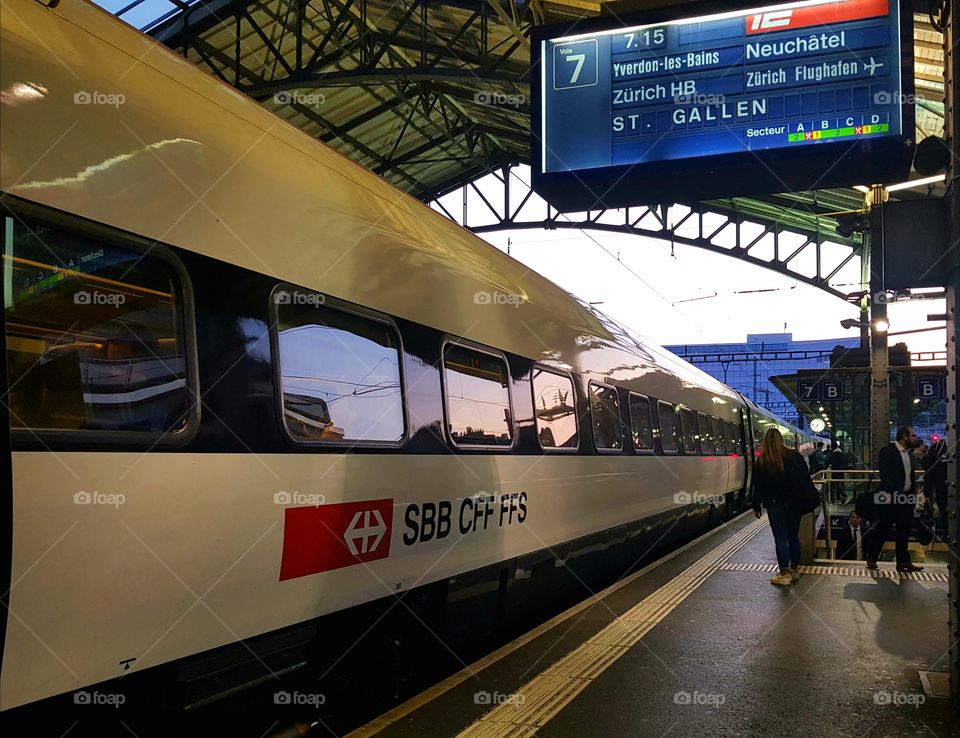 travelling by train.  train In station. Lausanne