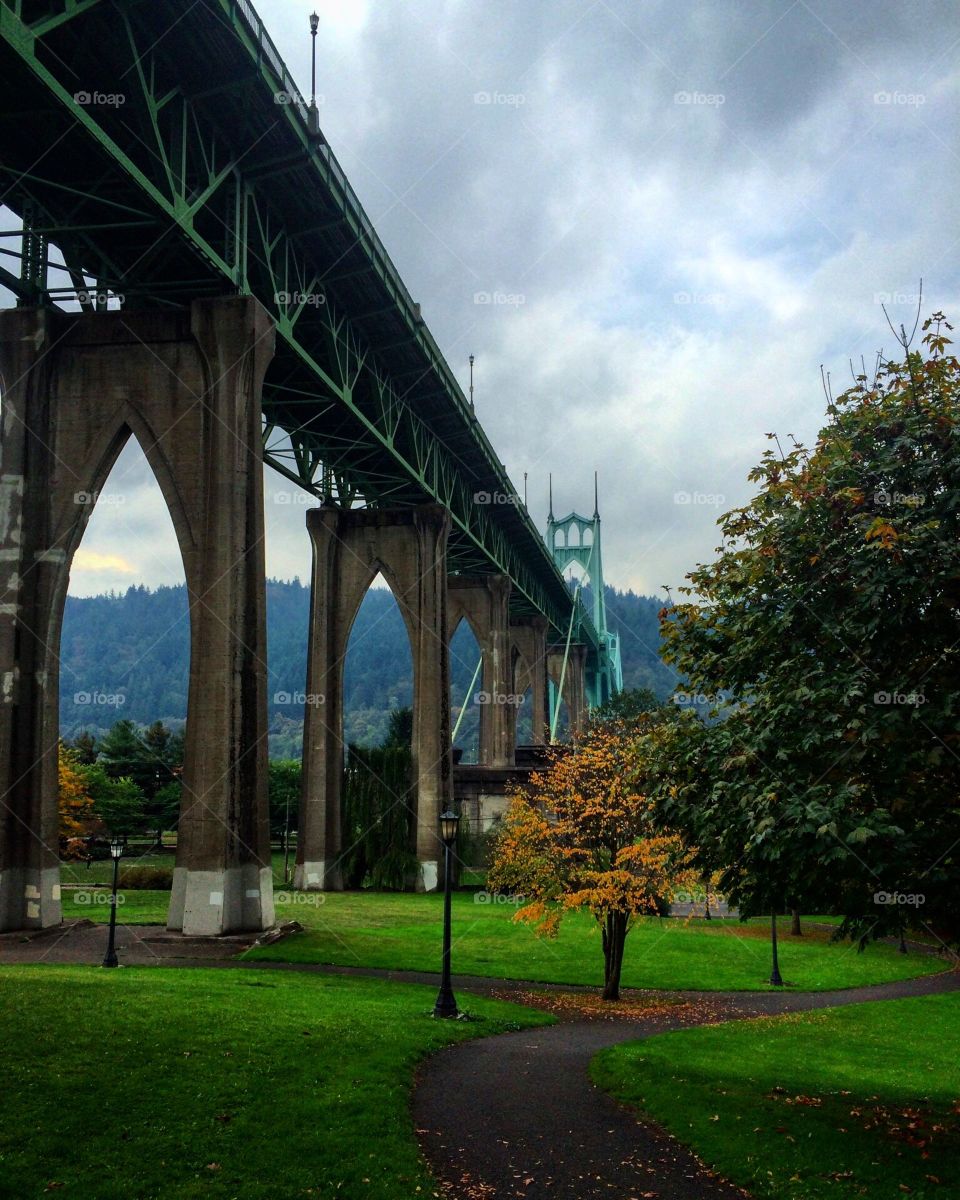 St. John's Bridge in Cathedral Park, Portland, Oregon.