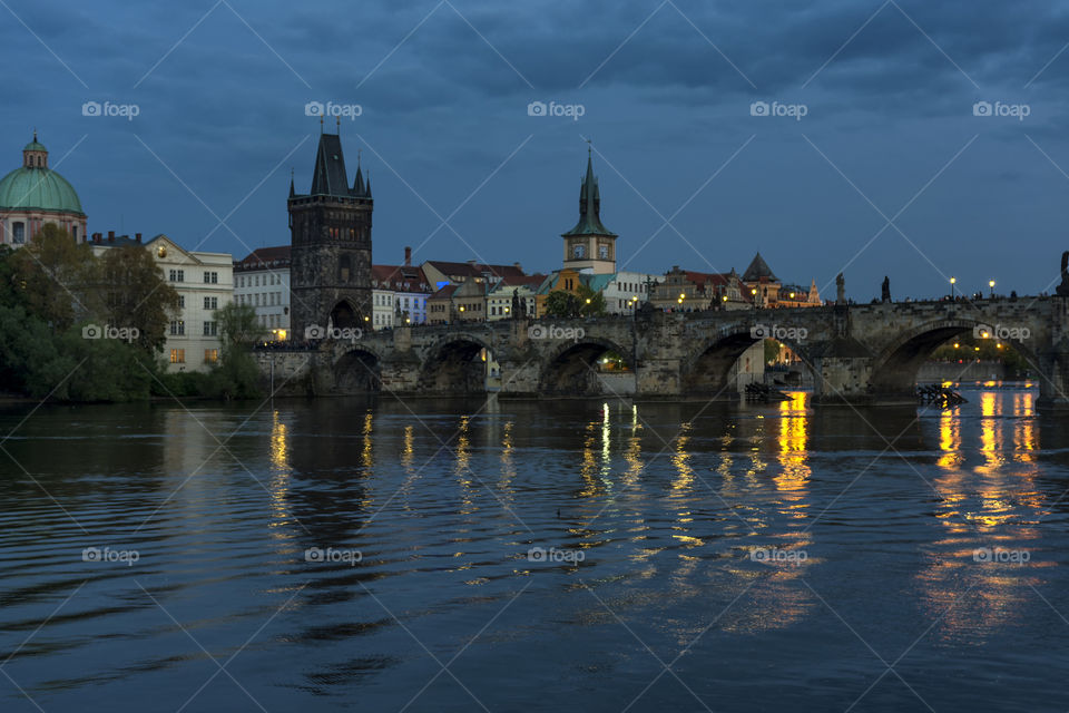 View of Charles bridge at night, Prague.