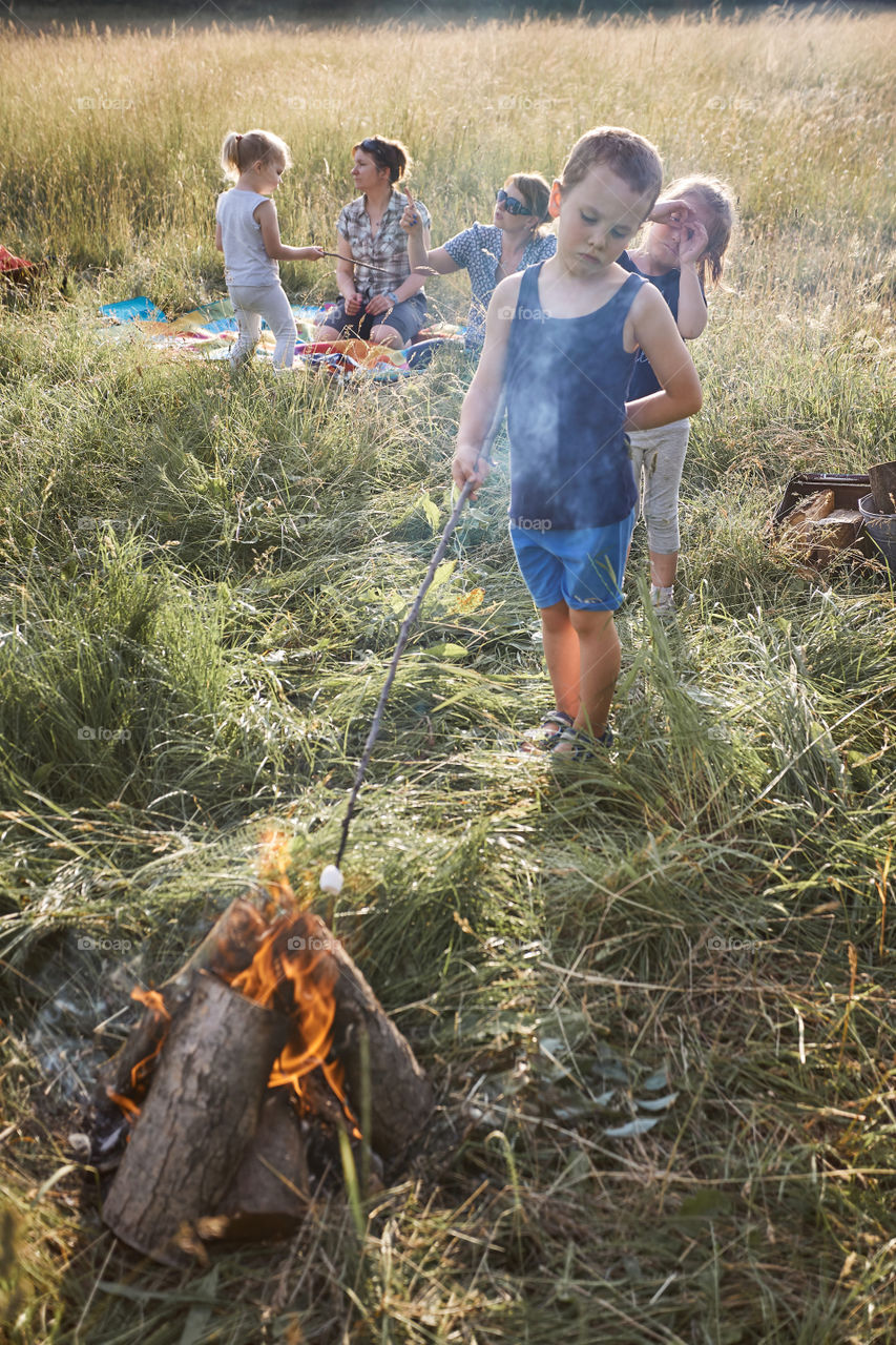 Little boy roasting marshmallow over a campfire. Family spending time together on a meadow, close to nature. Parents and children sitting on a blanket on grass. Candid people, real moments, authentic situations