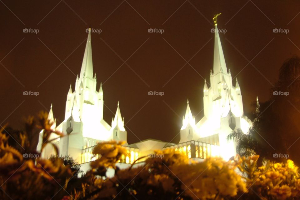 San Diego LDS Temple lit up at night