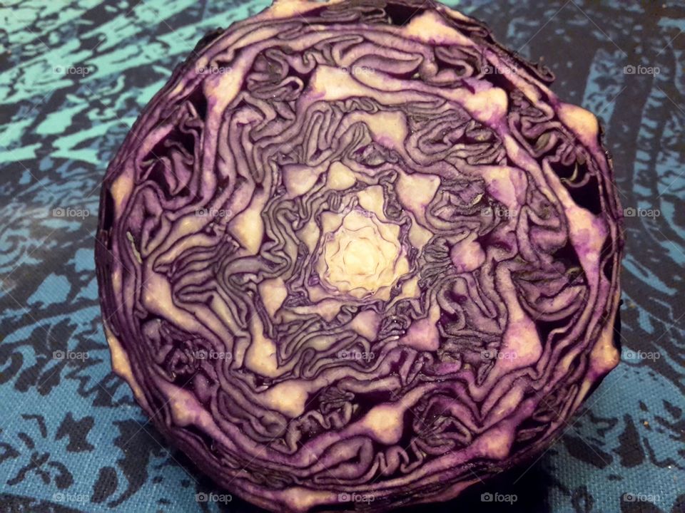 red cabbage on blue tablecloth