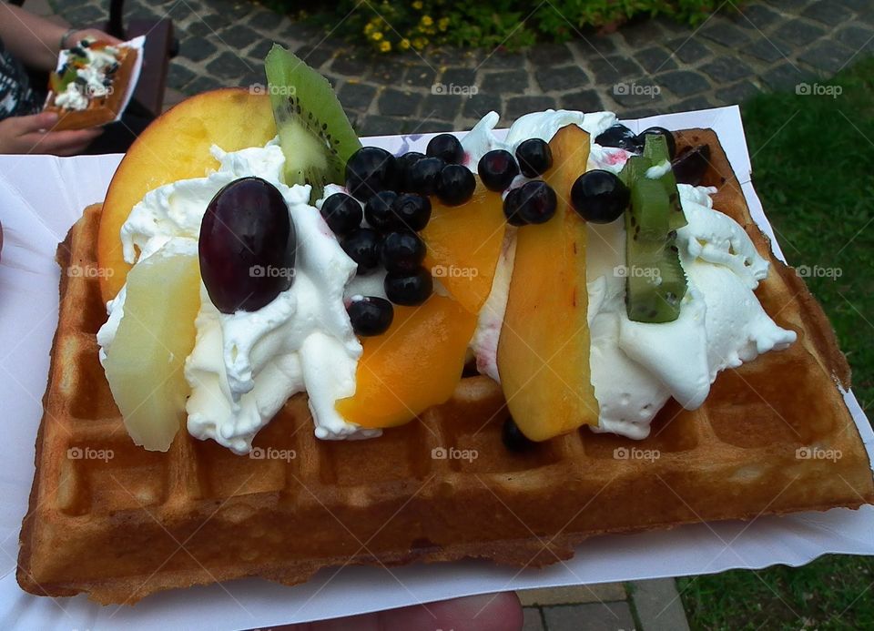 waffle with cream and fruits