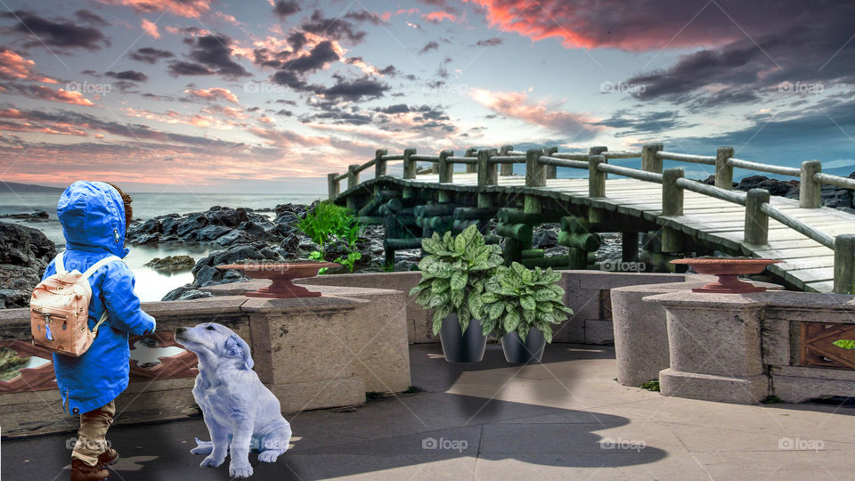 colourful nature landscape picture with kids and dog