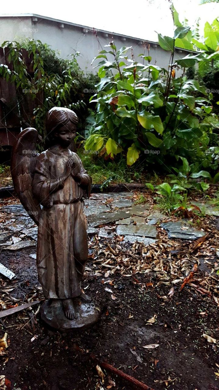 Angel in the garden after rainfall.