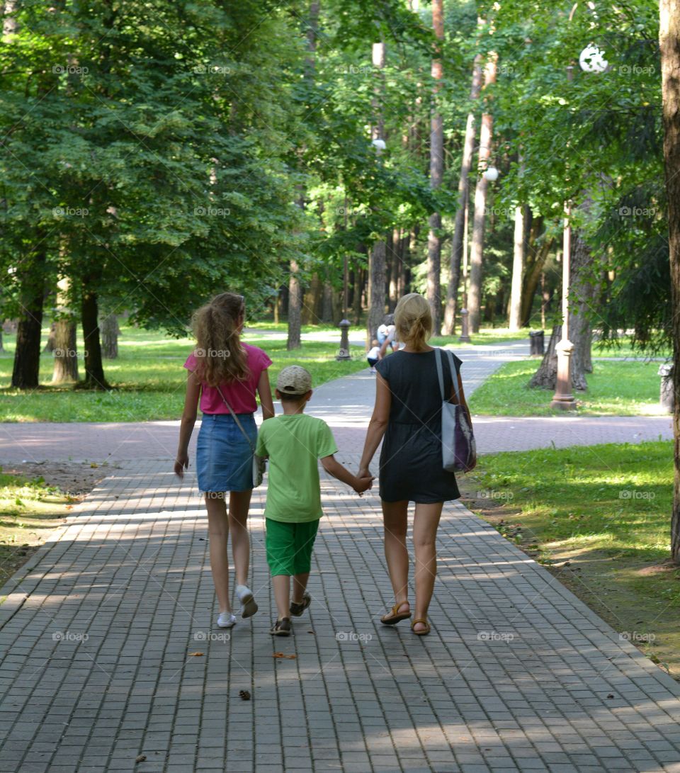 morning walking family woman and children summer beautiful landscape