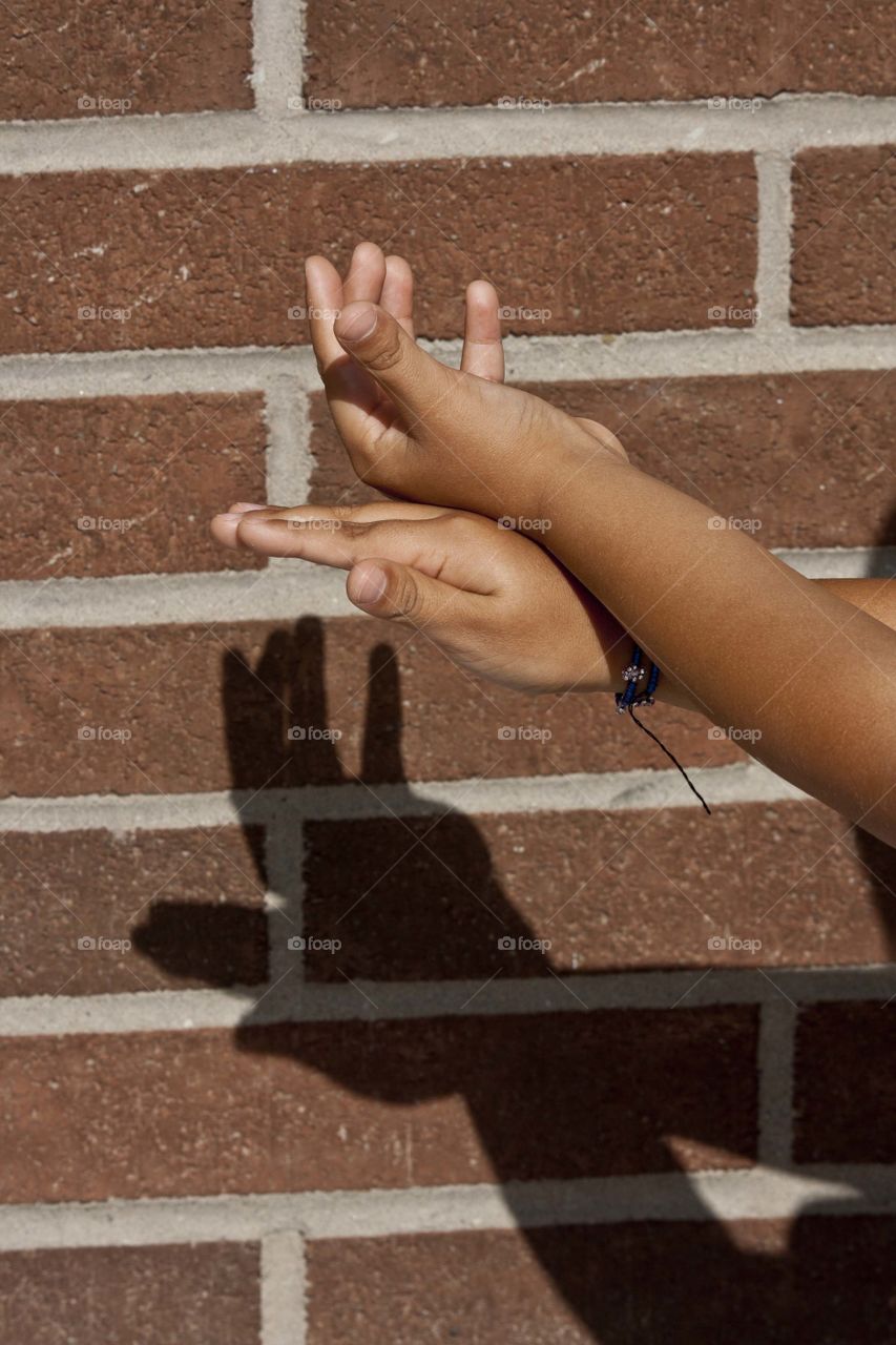 Child is making hand shadow deer on a brick wall