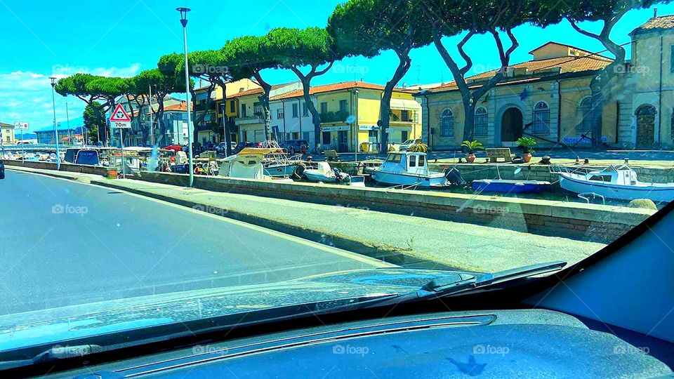 View from the windshield.  A road along which there are green trees, a water channel in which there are boats and small yachts