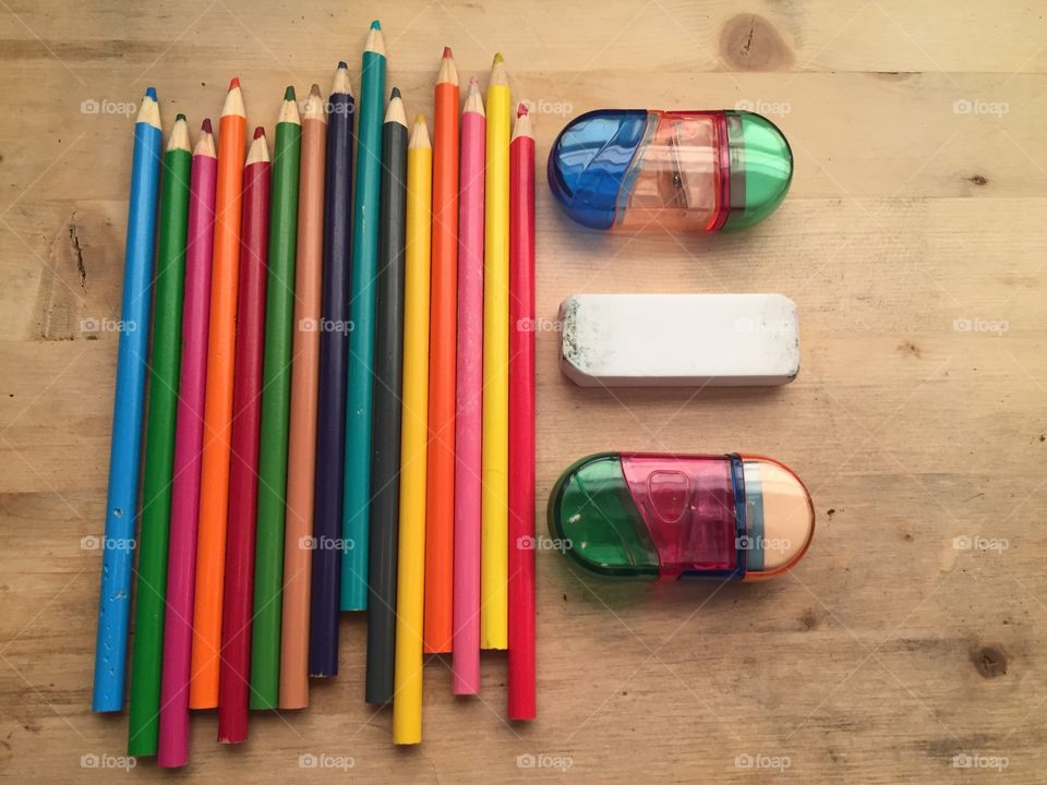 Stationary, school supplies colourful, pencil crayons, sharpener, art