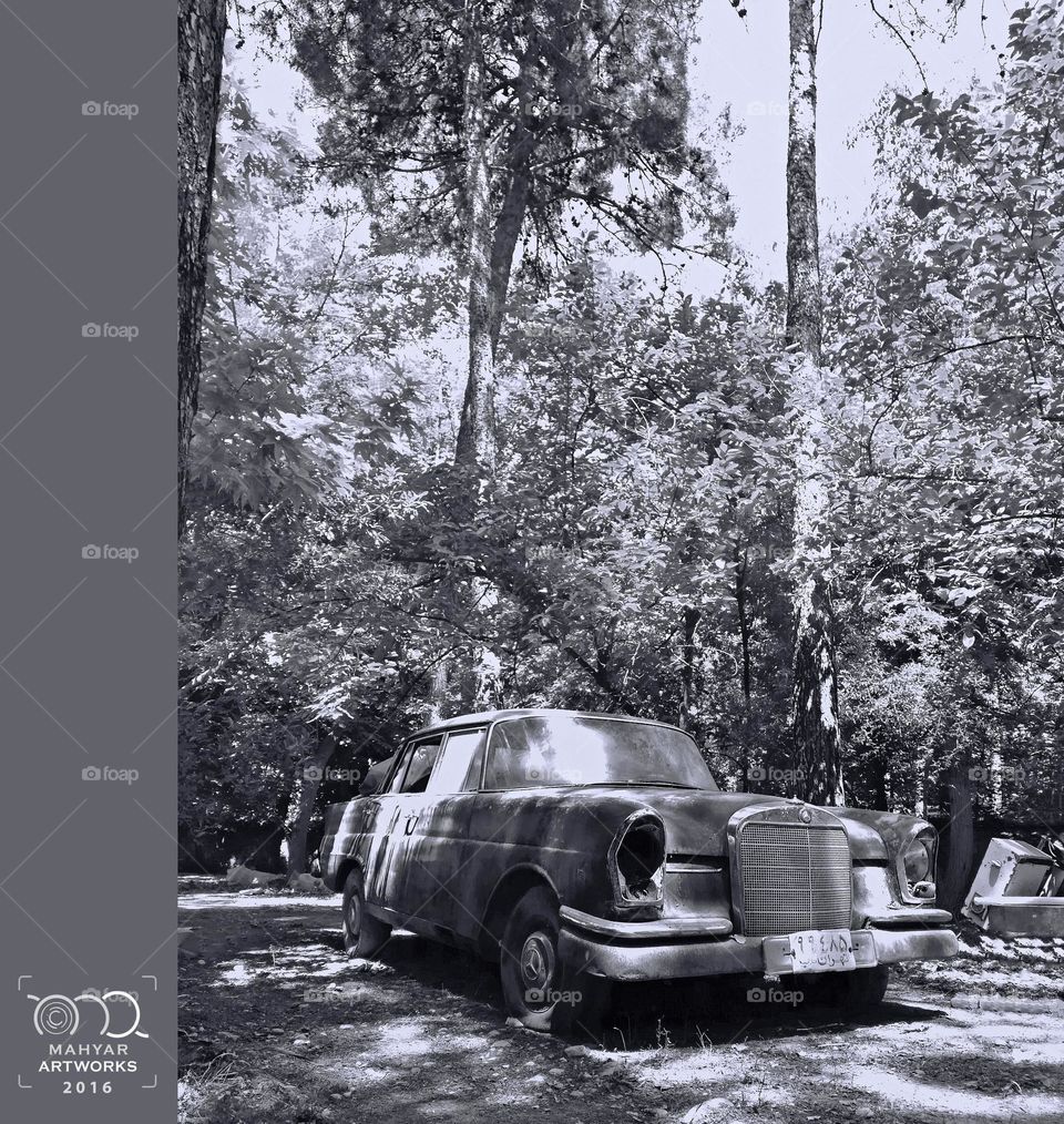 Classic car in monochrome photo