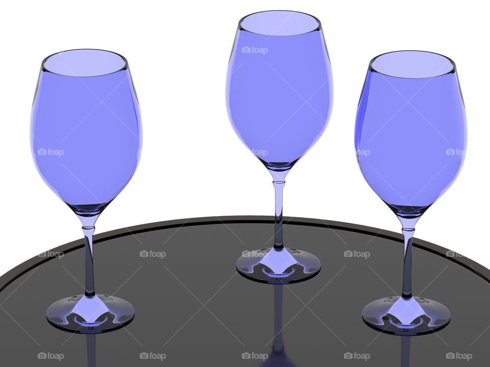 blue glass wine glasses. Blue transparent glasses. blue wine glasses on the table. glass on a white background. wine glasses isolate. glasses for wine. 3d Rendering. Illustration.