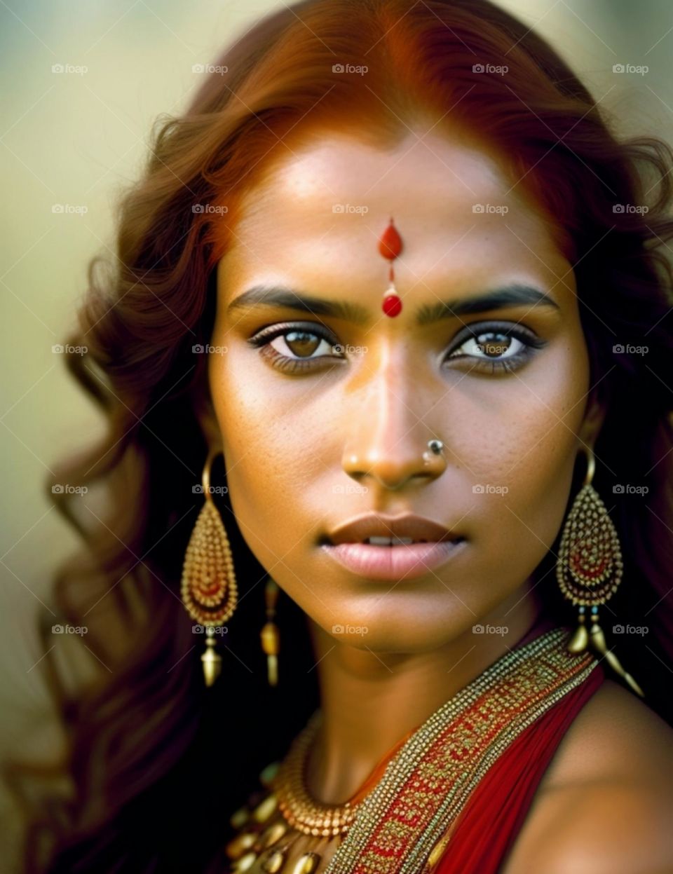 Indian Lady Closeup Portrait wearing red and silver colour saree, earings and jewellery