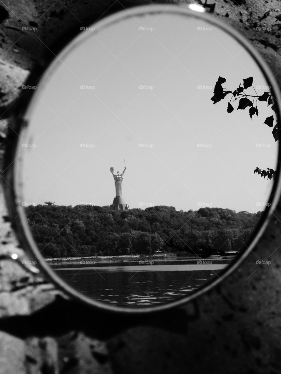 black and white reflection of the Motherland monument in the mirror