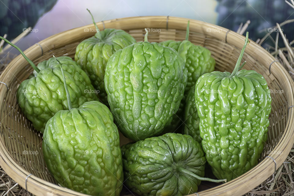 Bitter gourd fresh from the garden in bamboo baskets.