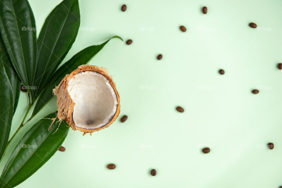Halved coconut and coffee beans on a green surface 