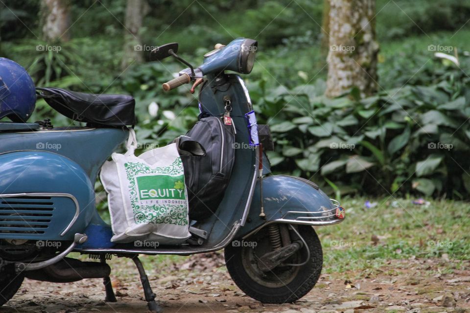 Scooter or Vespa neatly parked somewhere in the Bogor National Park.