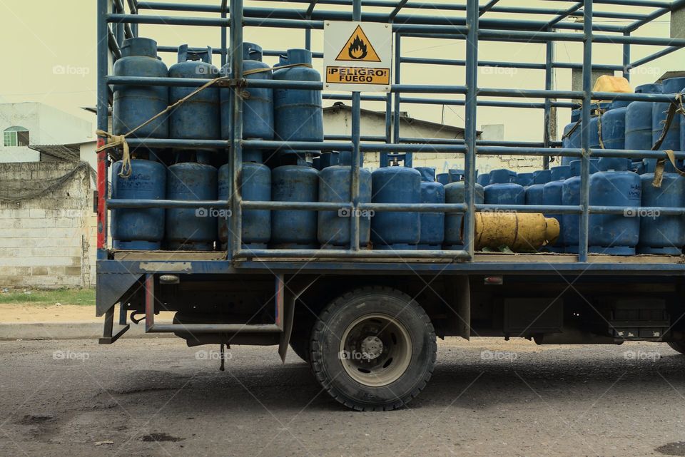 Truck loaded with gas cylinders