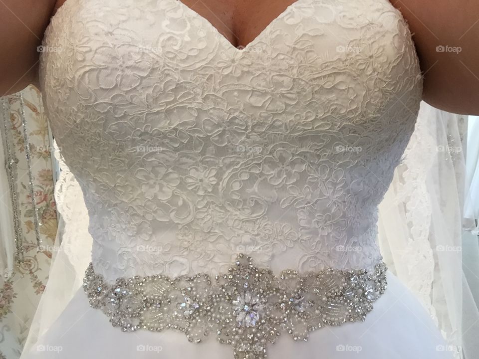 Bridal gown lace bodice with beaded belt