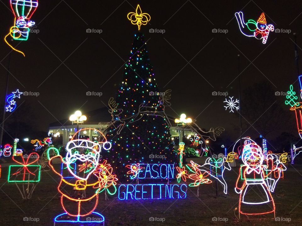 Holiday lights with Santa and large tree