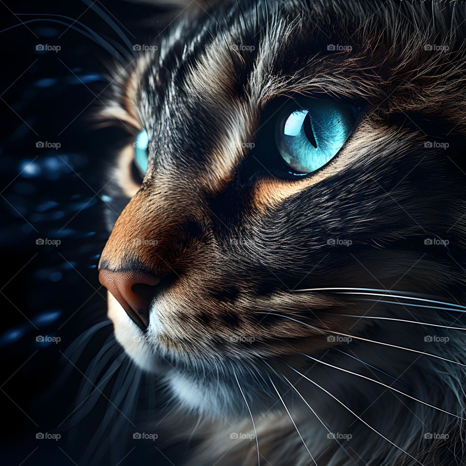 close up of a cat face with round eyes, in the style of vray tracing, photo-realistic techniques