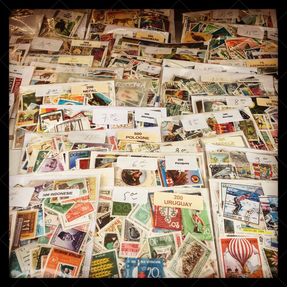 Antique stamps from all over the world, spotted in a shop window in Paris (closed as lots of shop/cafe owner are on their holidays in August!). 