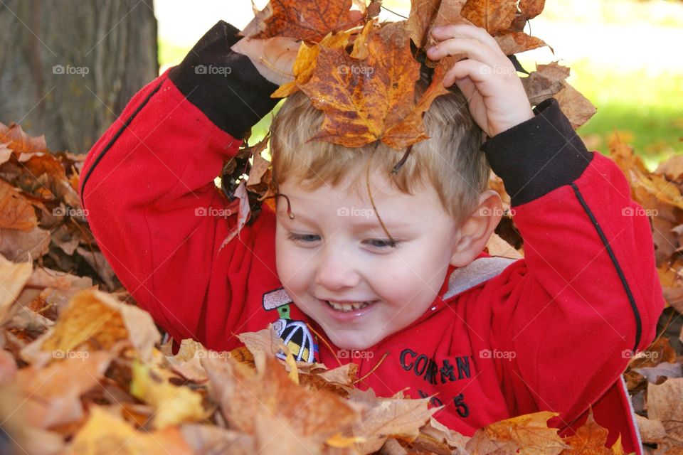 Little boy playing with autumn leaves