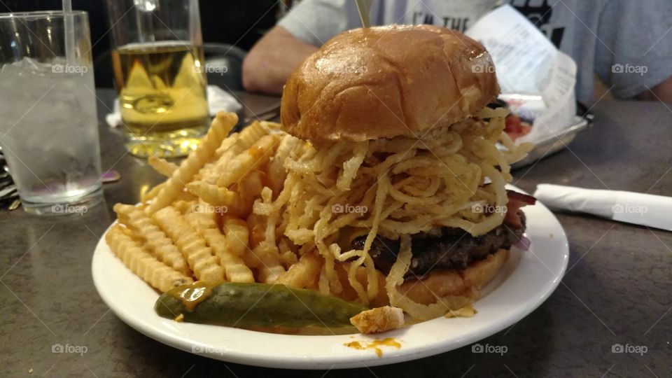 Awesome Blossom hamburger and french fries