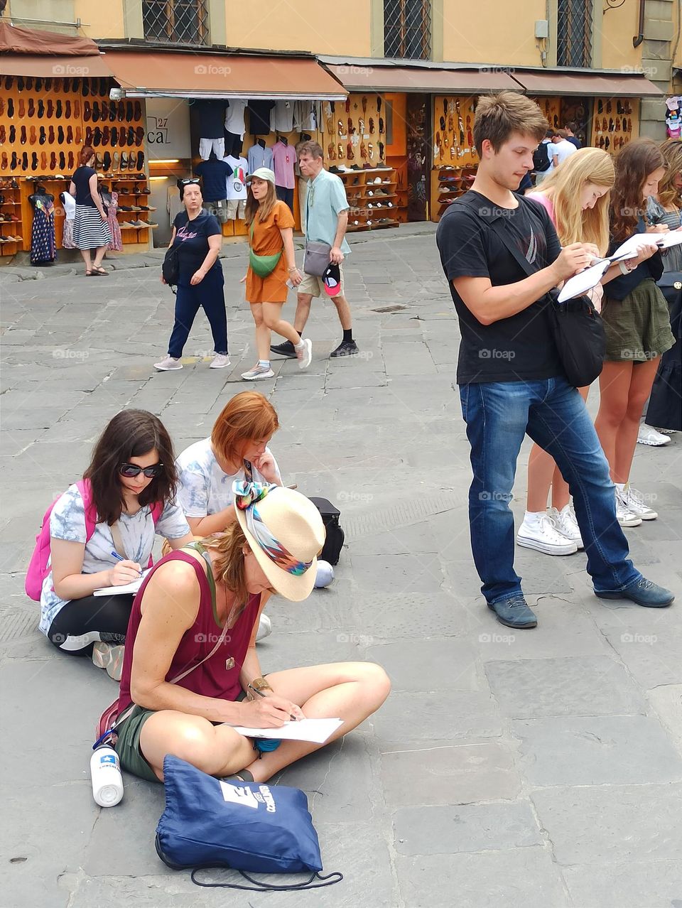Vacation series : Summer in the city . students painting on the street, artists, street artists, city, summer