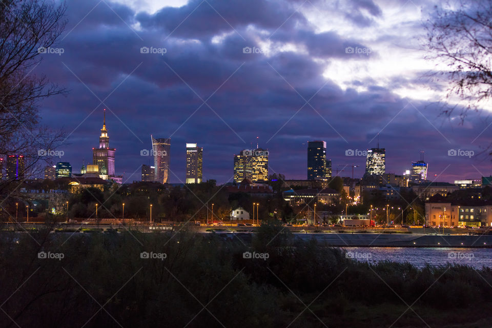 Cloudy sunset over Warsaw city