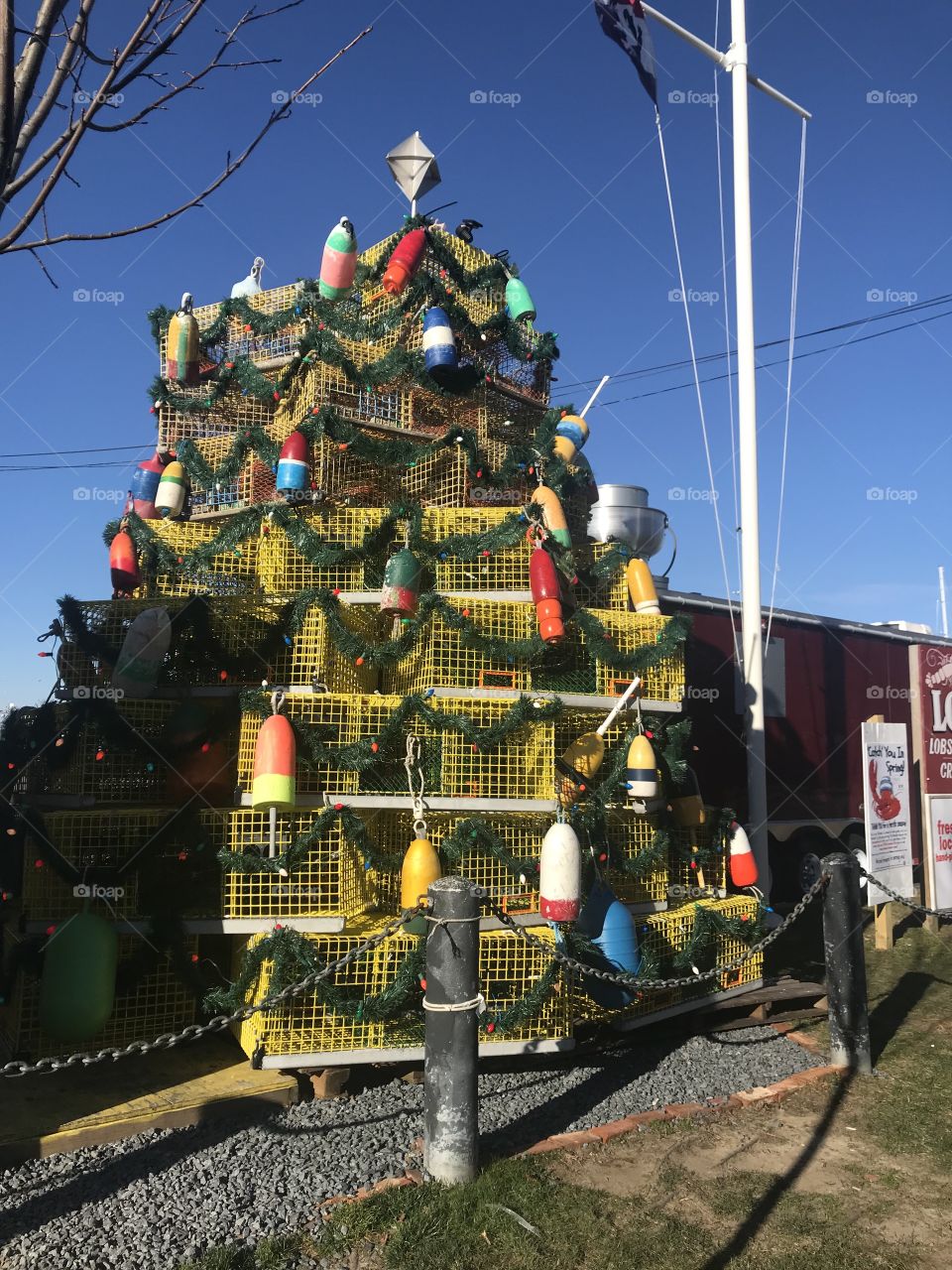 Christmastime by the seaside means a lobster trap tree