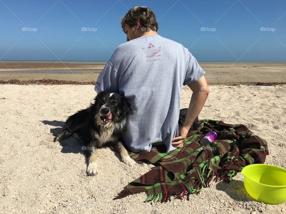 Best friends: Young man sitting on blanket at ocean beach in daytime with pet border collie sheepdog