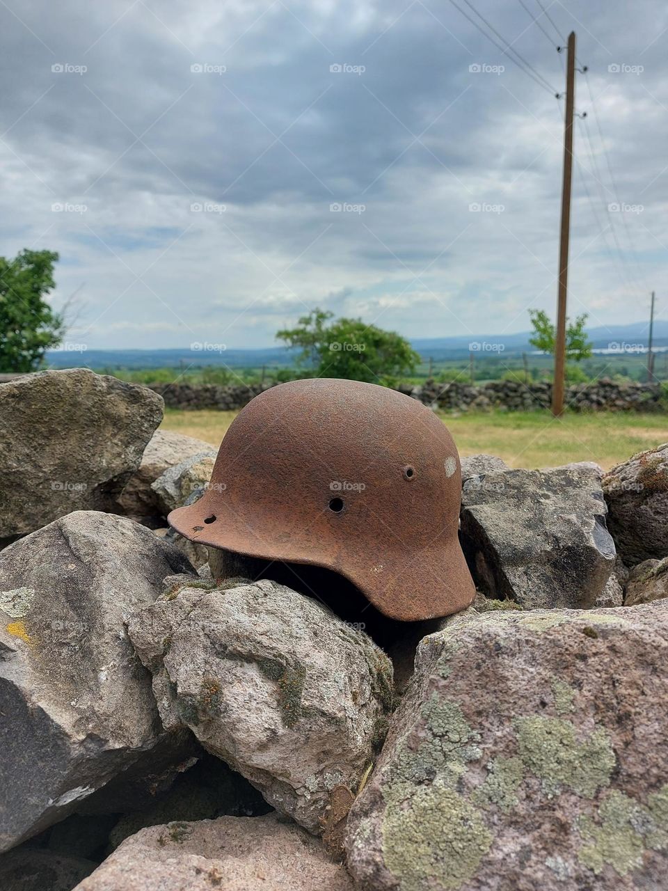 an abandoned helmet from some war