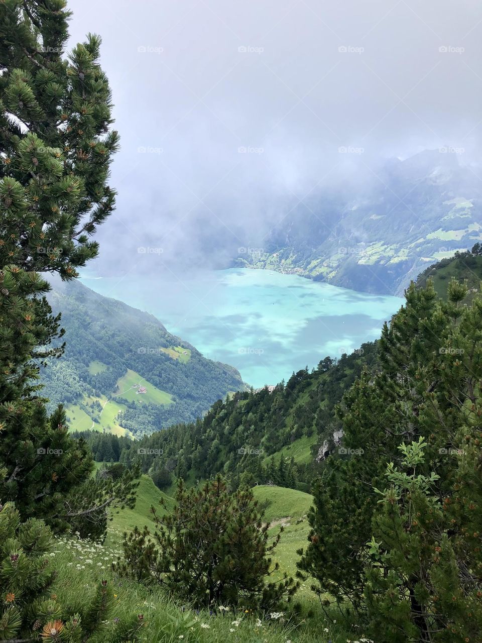 View of the lake, mountains and clouds