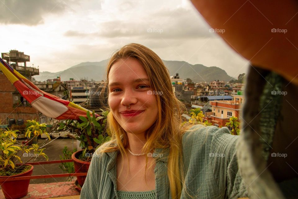 A selfie of a beautiful girl smiling in Kathmandu nepal