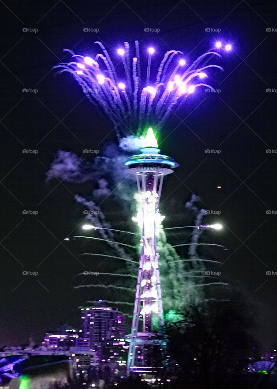 Seattle, space needle tower, fireworks