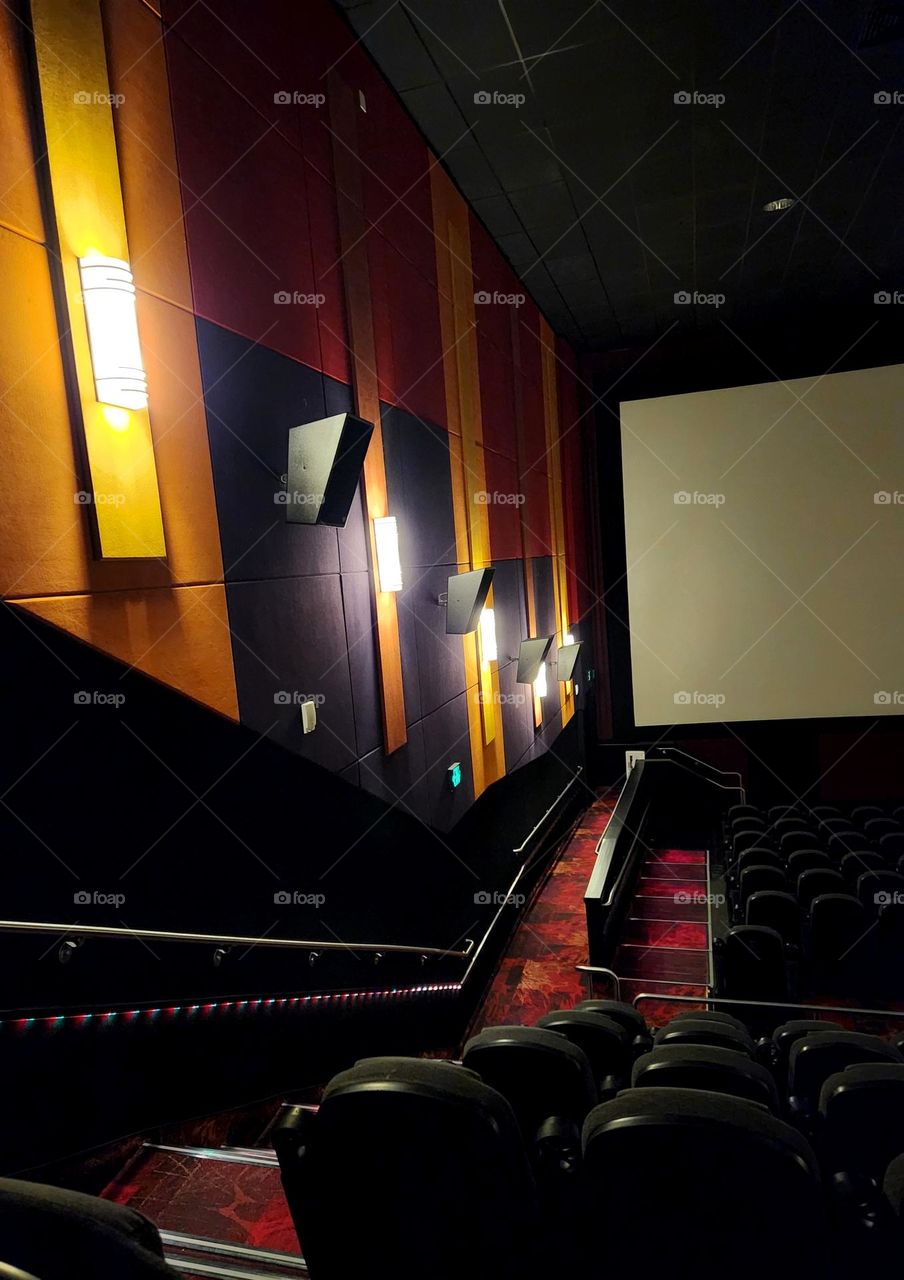 interior of a movie theater in Oregon featuring an Autumn color scheme