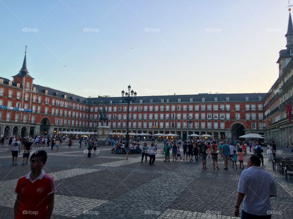 Most famous Plaza in Madrid, a grand arcade square where everyone gathers for food, drinks, art, and walks