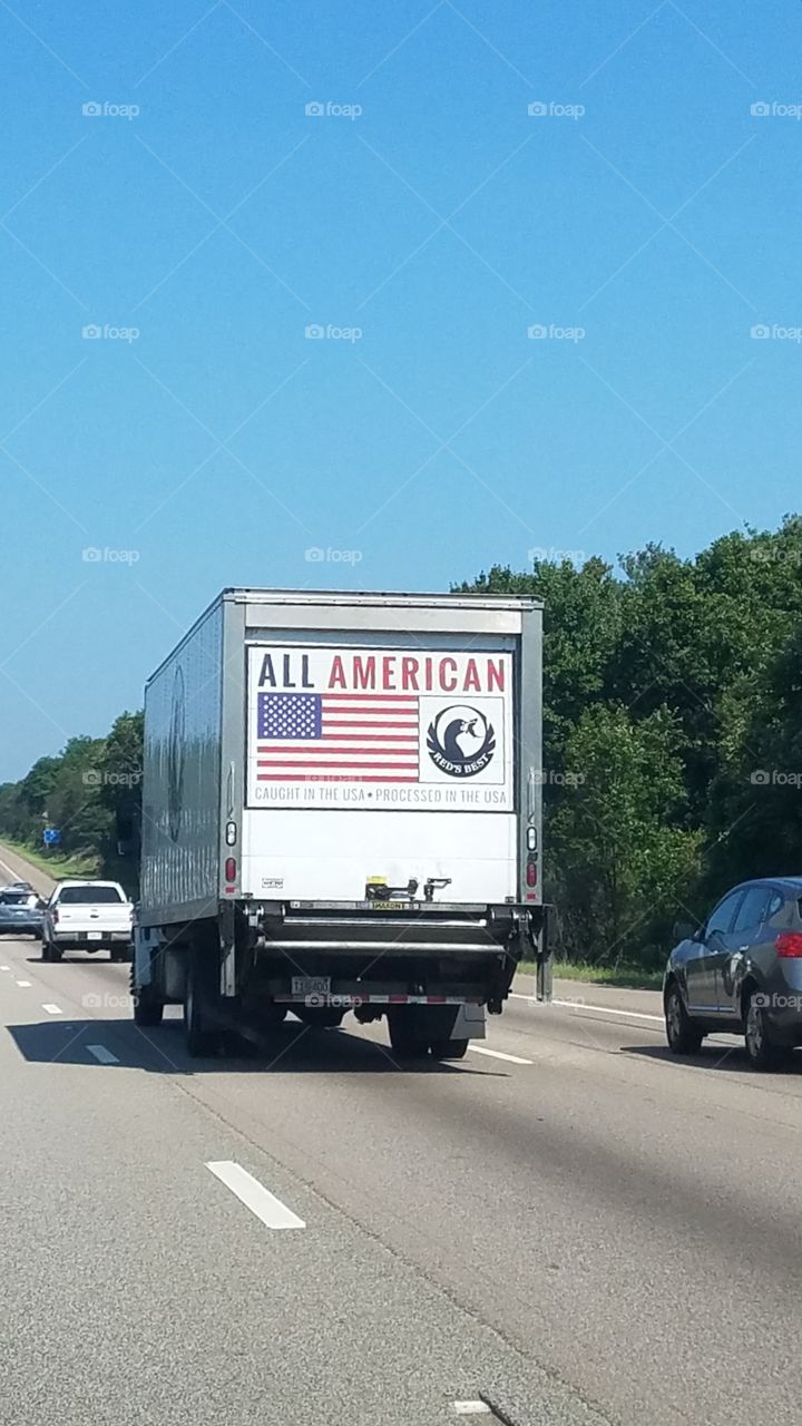 American Flag on back of American seafood delivery truck on highway. All fish caught in USA & proudly displays the USA flag for everyone to see 🇺🇸