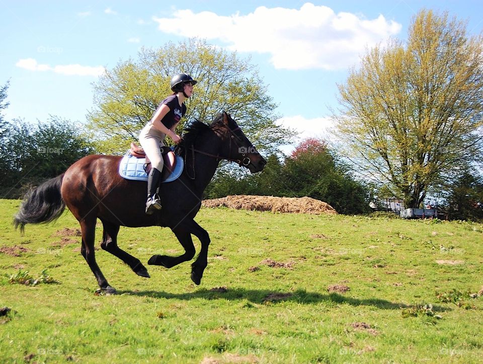 A girl with her mare galloping in a giant field during summer