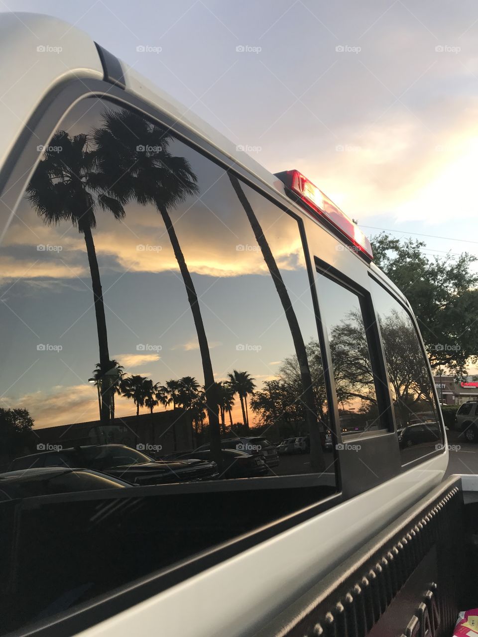 Reflection of sunset and palm trees in a car window