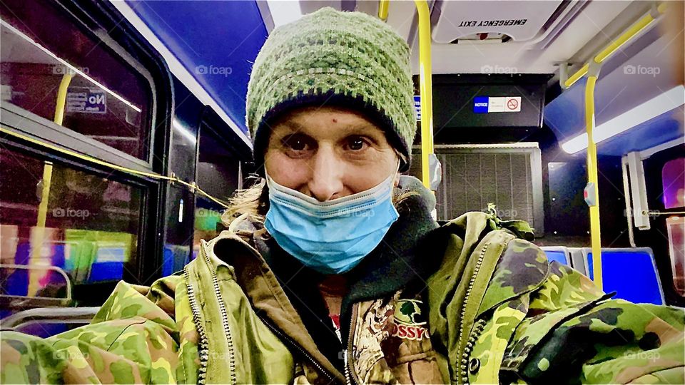 “Timothy Trespas”, my charming and very unique partner in life and in everything for now 15 long and wonderful years regardless of some of the upheavals we experienced from time to time is riding the NYC bus at night. 2022. Hypnotic Productions