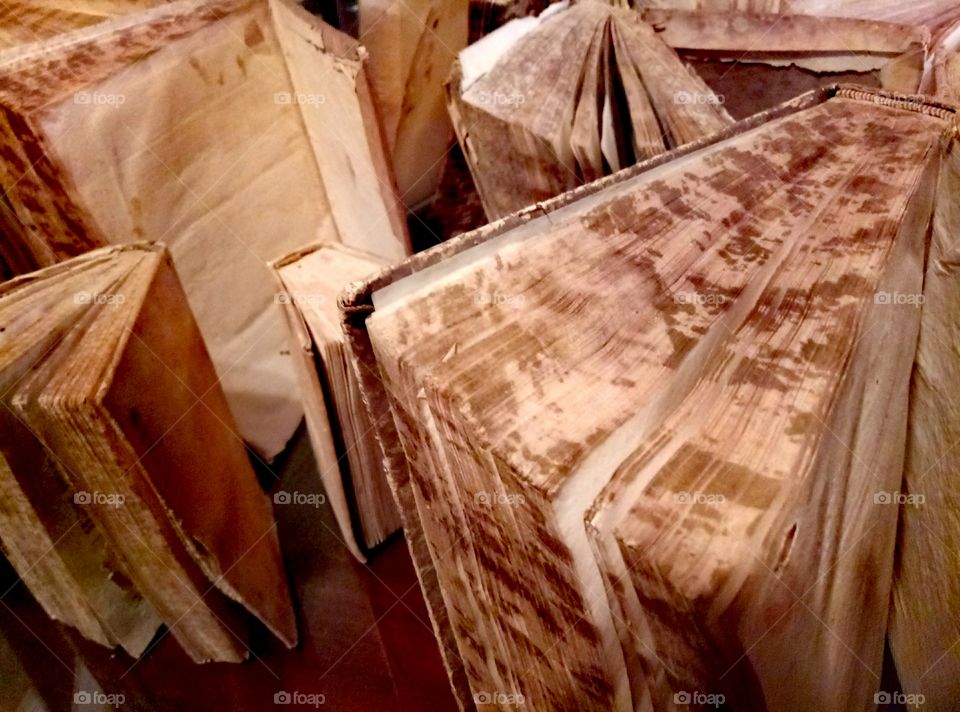 Care and maintenance of old precious books standing half open. Closeup.