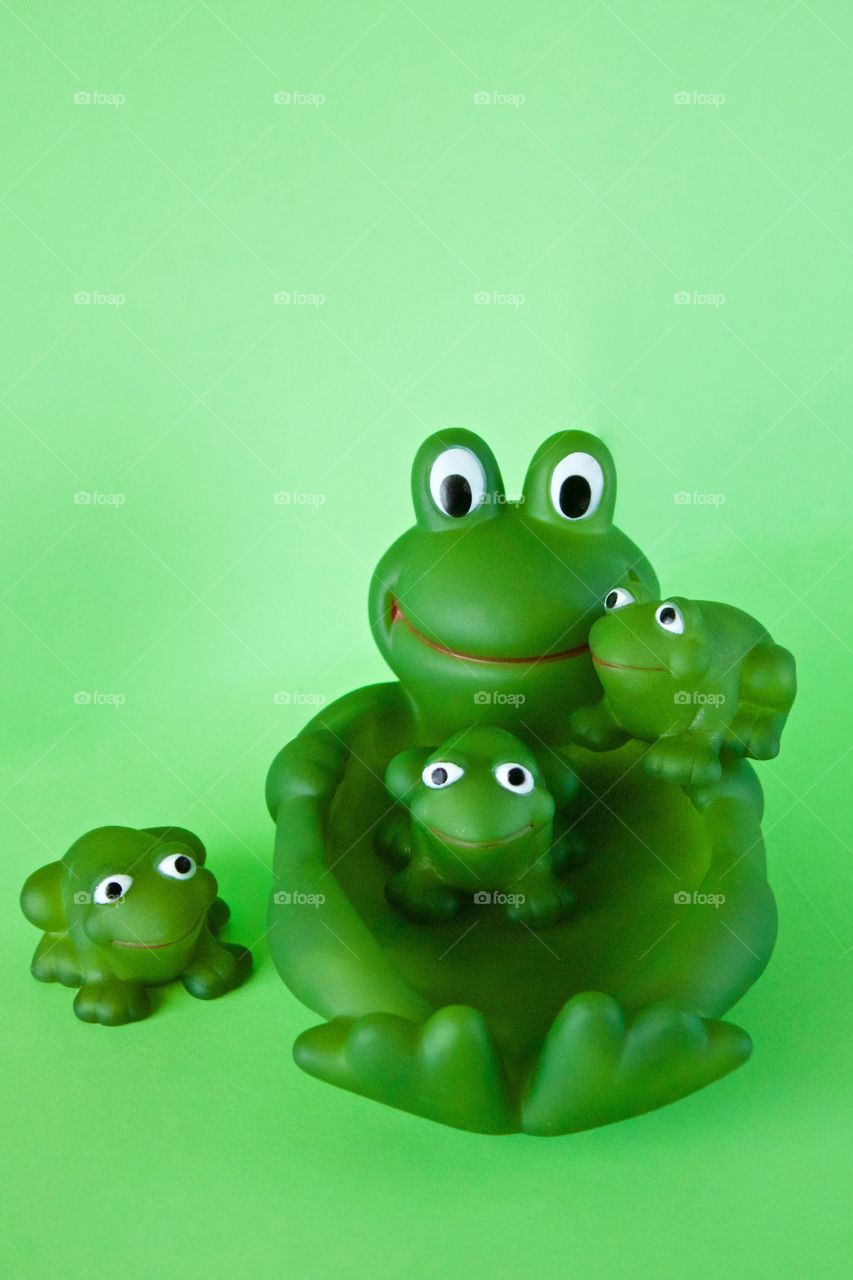 Rubber frog family on a green background 