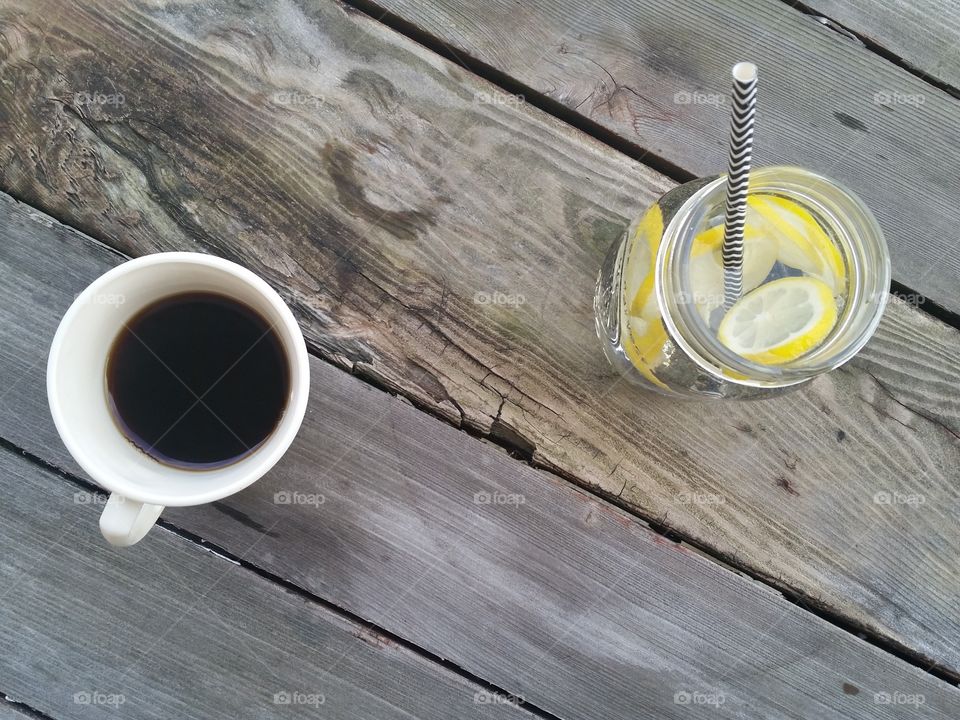 black coffee and lemon infused water