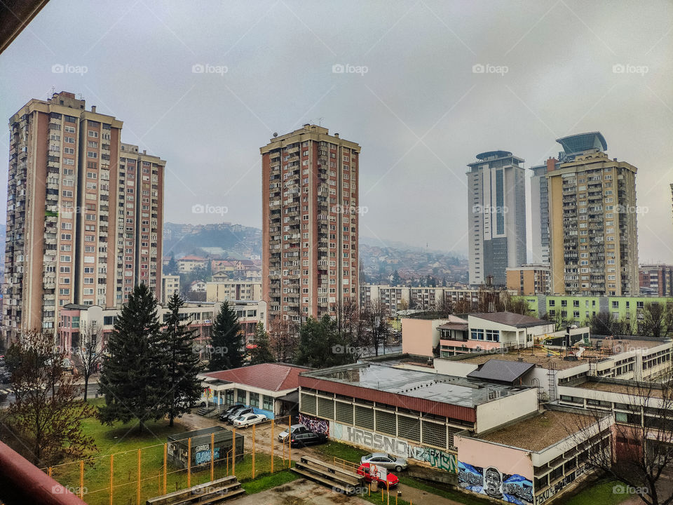 Cityscape in Sarajevo in a daily light while raining