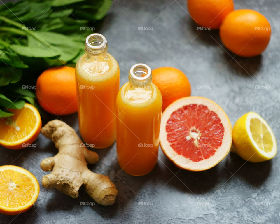 View of orange juice in bottle