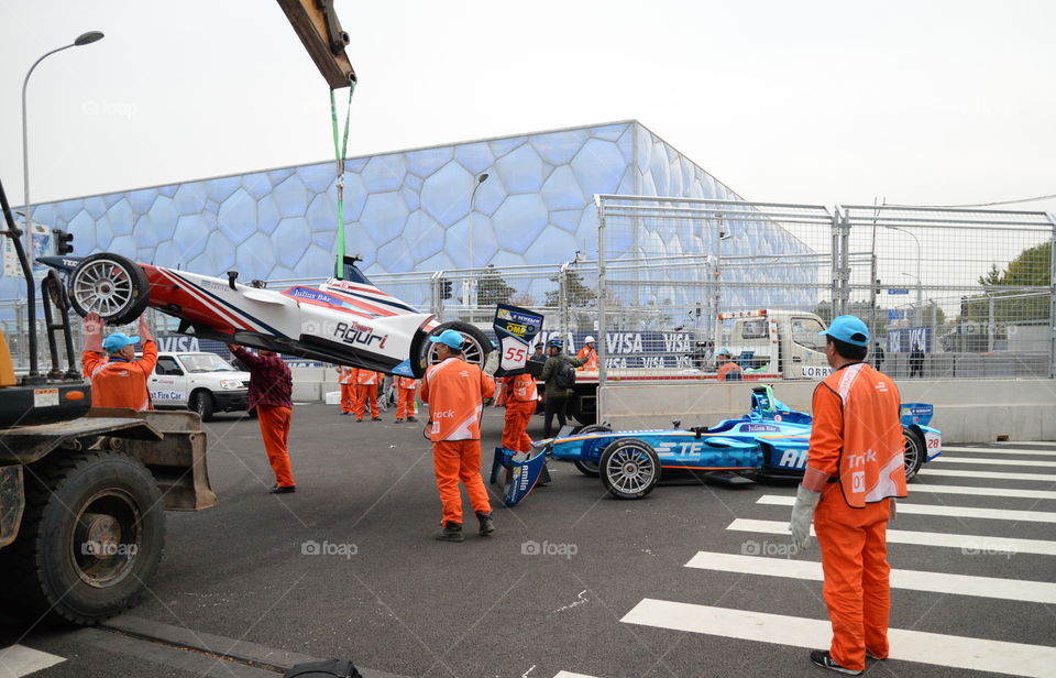 Frumula E, car race Electric race car, Beijing ,China, Olympic Park, water cube, team Aguri after the Crash